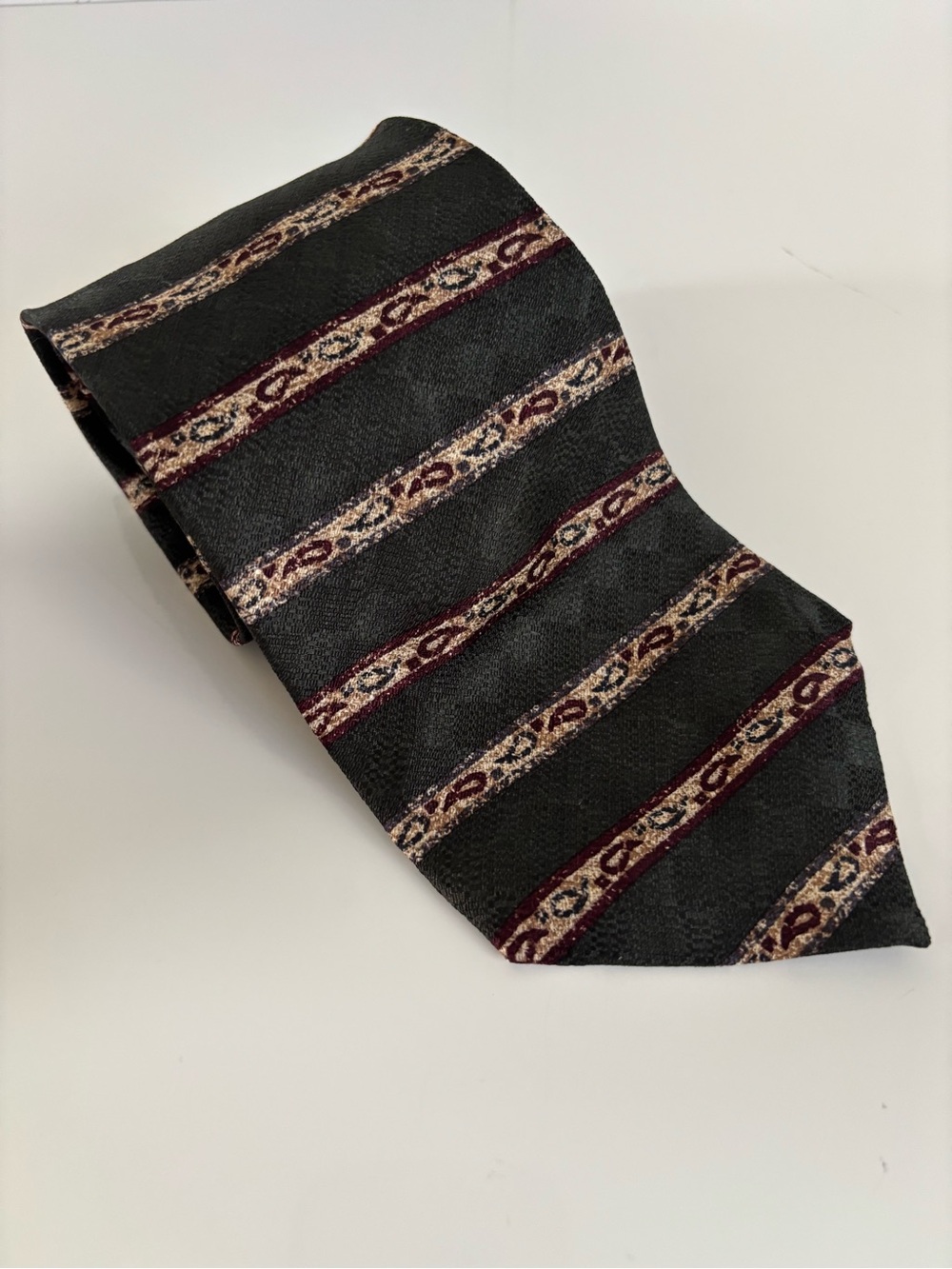 Vintage Liz Claiborne Silk Olive Tie with Burgundy and Beige Stripe Pattern